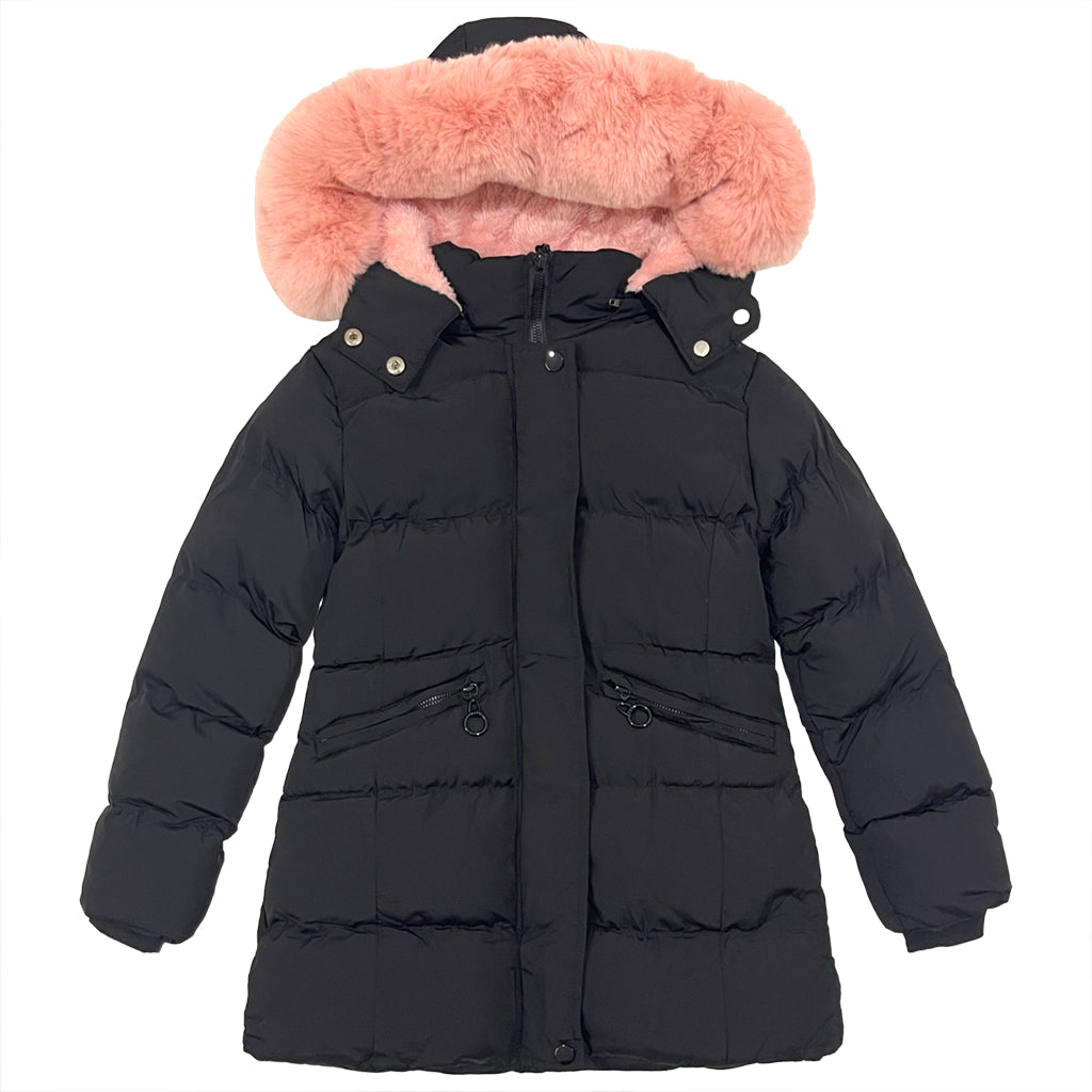 Κοριτσίστικο μακρύ μπουφάν με επένδυση γούνα σε ροζ χρώμα KP-368 Μαύρο