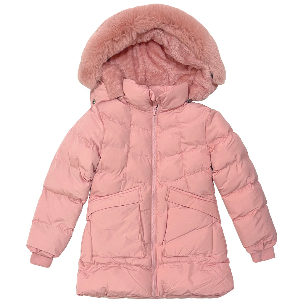 Κοριτσίστικο μπουφάν μακρύ με επένδυση γούνα σε ροζ χρώμα KP-398