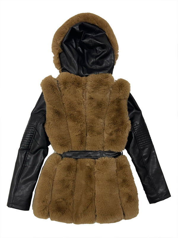 Γυναικείο Δερμάτινο μπουφάν ημίκοντο με γούνα με κουκούλα Καφέ US-60038