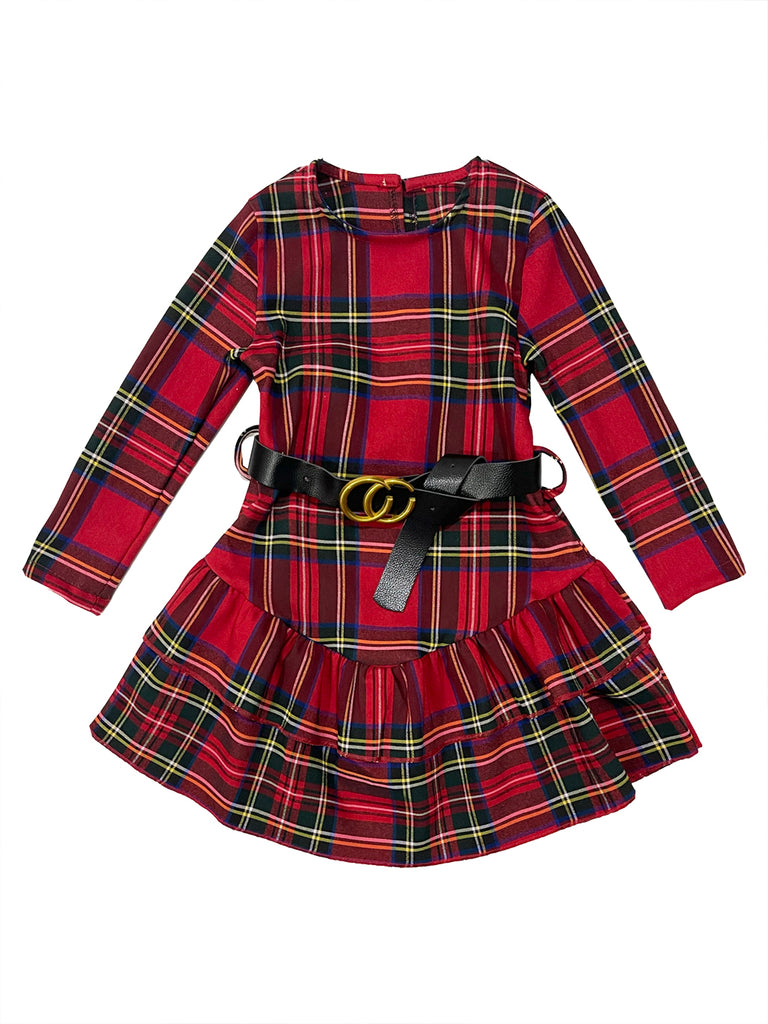 Κοριτσίστικο φόρεμα μακρυμάνικο με ζώνη καρό 31618 Κόκκινο