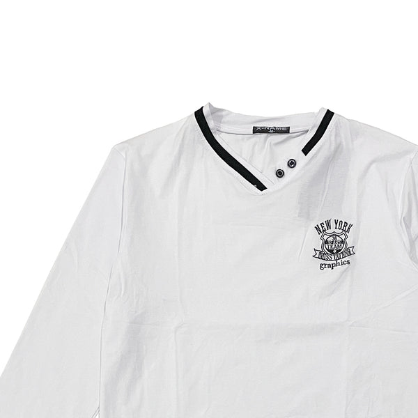 Ανδρική  βαμβακερή μπλούζα μακρυμάνικη τύπου V Λευκό US-ZY-73