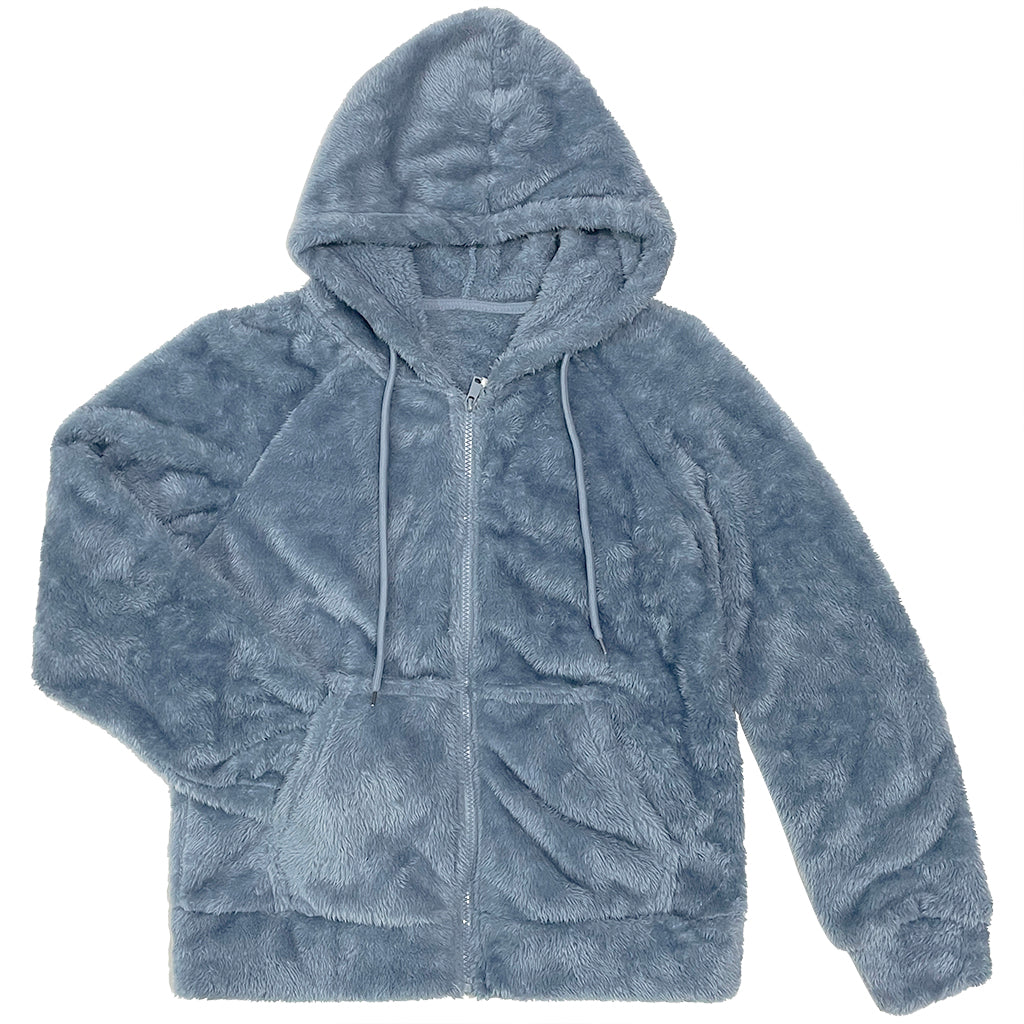 Γυναικεία γούνινη ζακέτα με κουκούλα US-21460 γαλάζιο