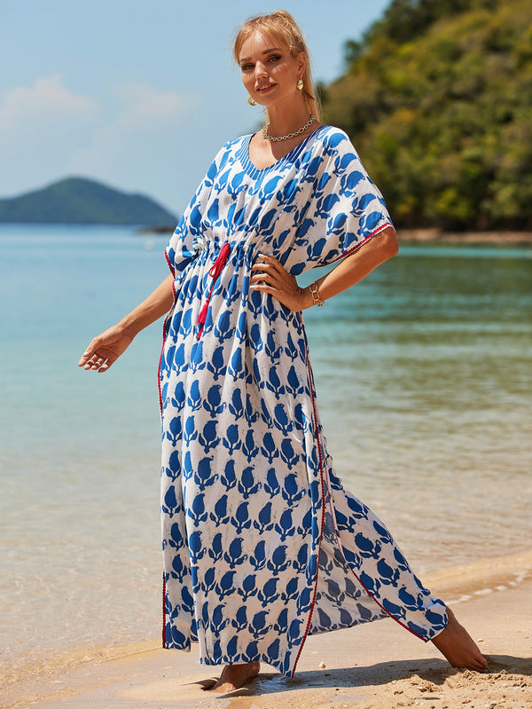 Γυναικείο Φόρεμα BOHO καφτάνι maxi με κορδόνι γαλάζιο/λευκό US-972479