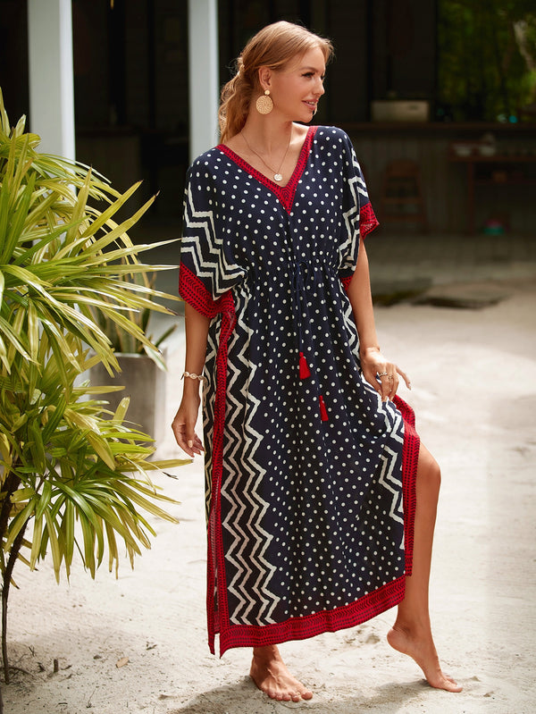 Γυναικείο Φόρεμα BOHO καφτάνι maxi με κορδόνι μπλε/κόκκινο US-972479