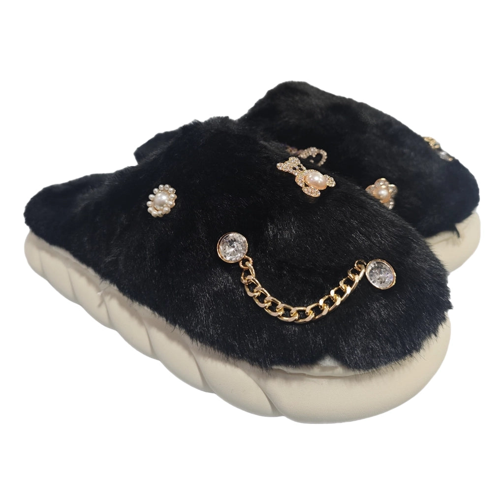 ustyle Γυναικείες χειμερινές παντόφλες με γούνα Μαύρο US-7025