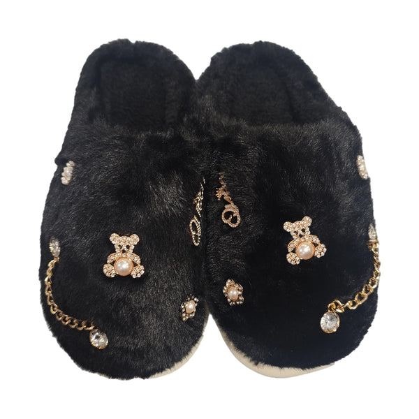 ustyle Γυναικείες χειμερινές παντόφλες με γούνα Μαύρο US-7025