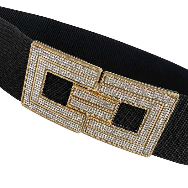Ustyle Γυναικεία ζώνη ελαστική φαρδιά χρυσή αγκράφα με στρας μαύρο 020228-1