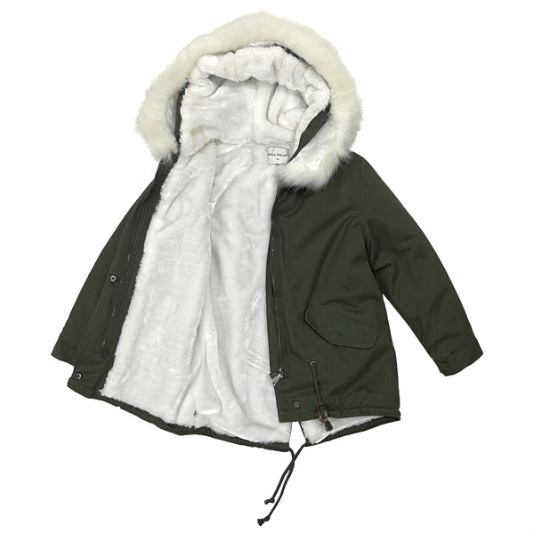 Κοριτσίστικο μπουφάν παρκά μακρύ με επένδυση γούνα σε λευκό χρώμα F-138