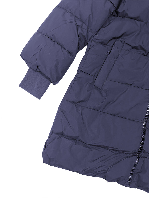 Γυναικείο μπουφάν μακρύ με αποσπώμενη κουκούλα και γούνα μπλε US-28208