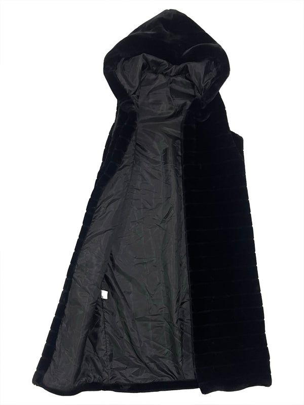 Γυναικεία γούνα αμάνικη μακριά με κουκούλα US-309778 Μαύρο