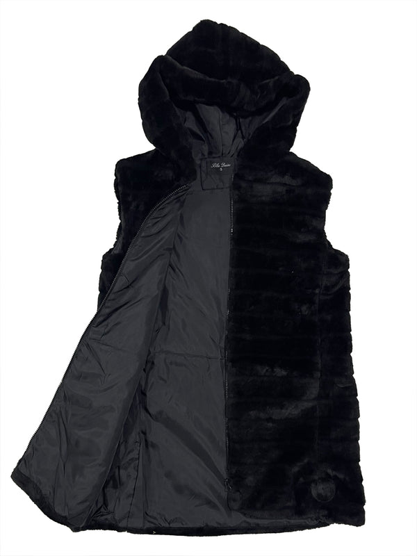 Γυναικεία γούνα αμάνικη με κουκούλα US-15568 Μαύρο