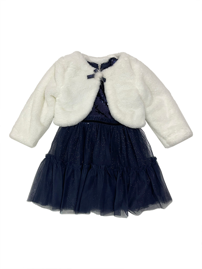 Κοριτσίστικο σετ φόρεμα Μπλε με γούνα Λευκό 54018