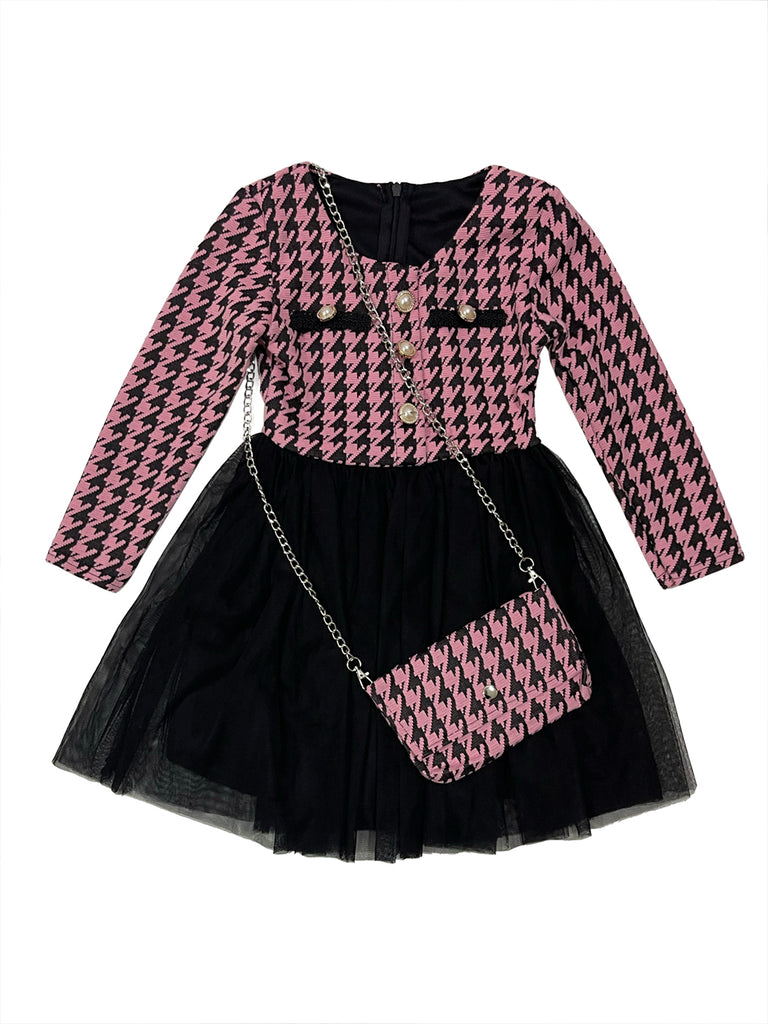 ustyle Κοριτσίστικο φόρεμα μακρυμάνικο με τούλι με δώρο τσαντάκι 11718 ροζ