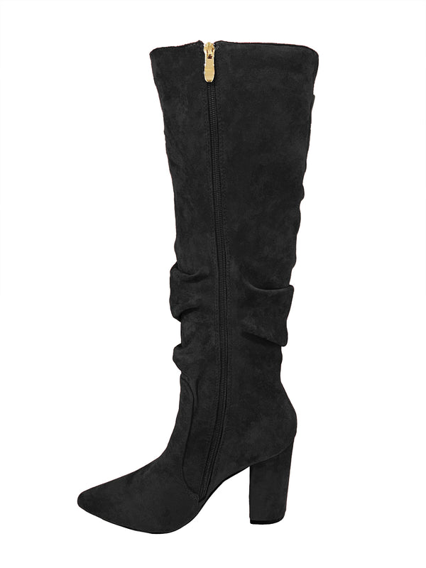 ustyle Γυναικείες Μπότες Suede ως το γόνατο με σούρες με τακούνι 9cm Μαύρο US-868