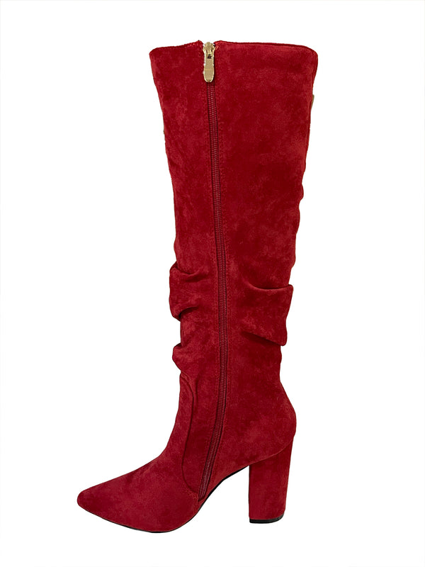 Γυναικείες Μπότες Suede ως το γόνατο με σούρες με τακούνι 9cm Κόκκινο US-868