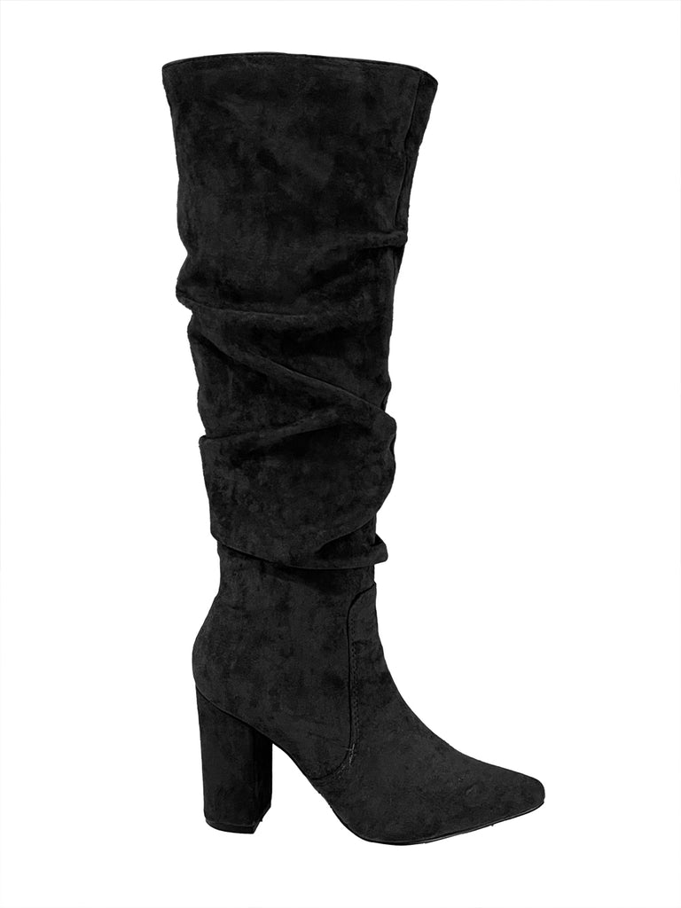 Γυναικείες Μπότες Suede ως το γόνατο με σούρες με τακούνι 9cm Μαύρο US-868