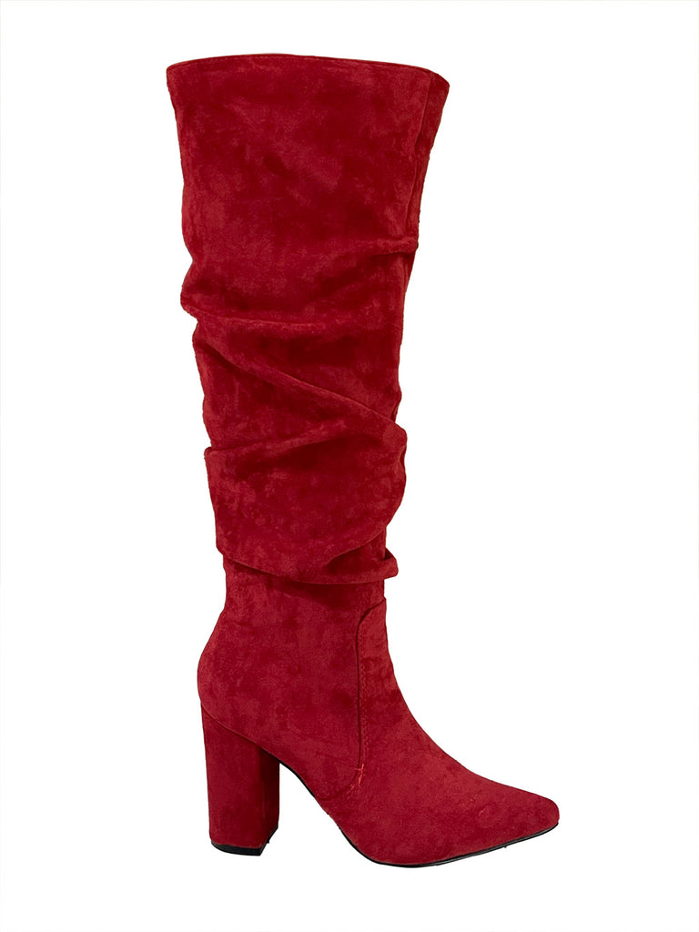 ustyle Γυναικείες Μπότες Suede ως το γόνατο με σούρες με τακούνι 9cm Κόκκινο US-868