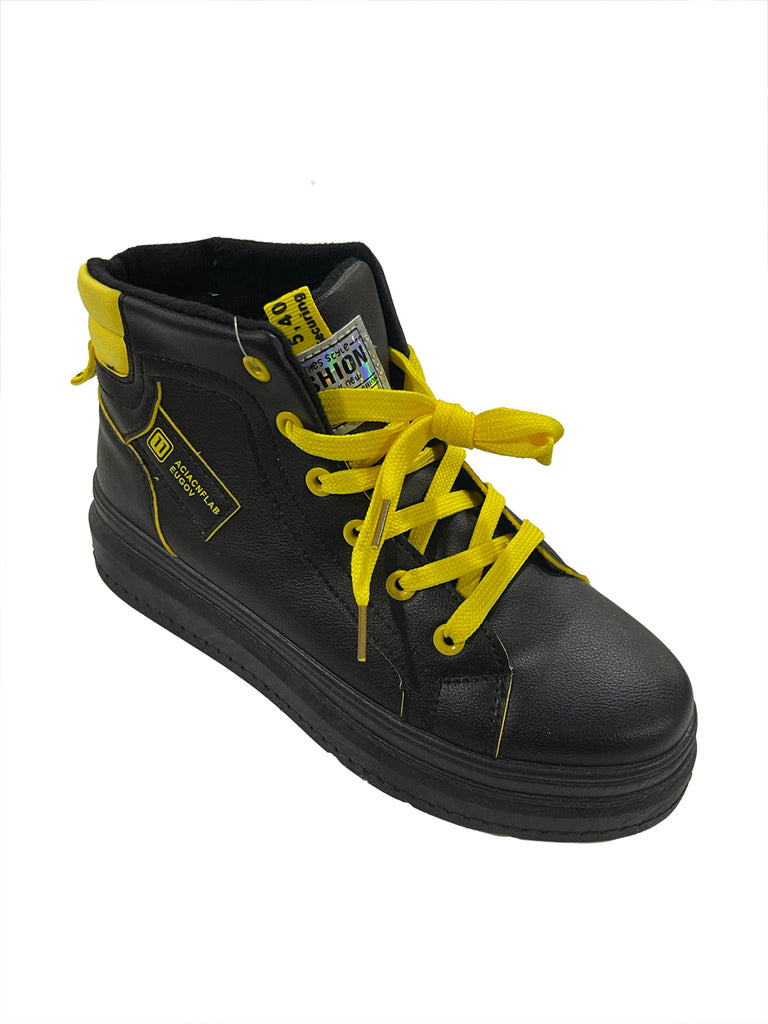 Γυναικεία sneakers σε μποτάκια με κίτρινα κορδόνια Μαύρο US-00518-2