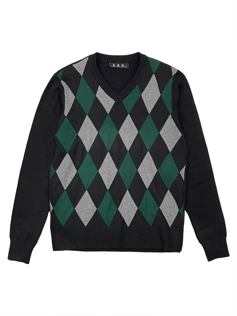 ustyle Ανδρική πλεκτή μπλούζα πουλόβερ τύπου V με καρό μαύρο με πράσινο US-1268