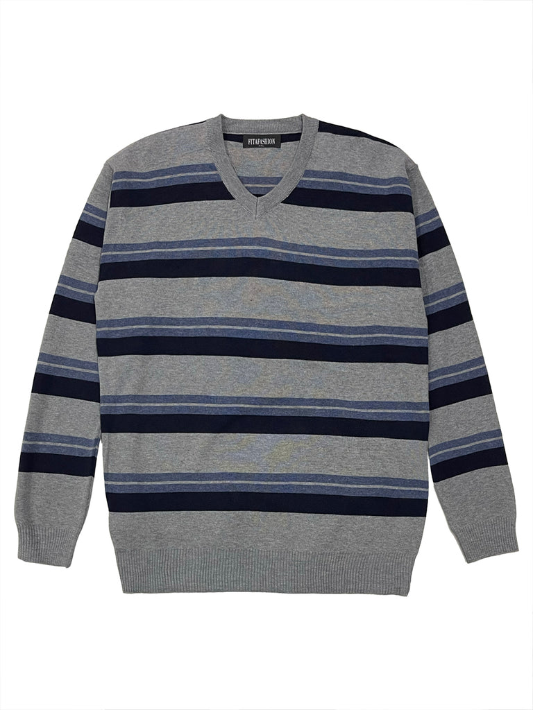 Ανδρική πλεκτή μπλούζα πουλόβερ τύπου V με ρίγα Γκρι US-17158