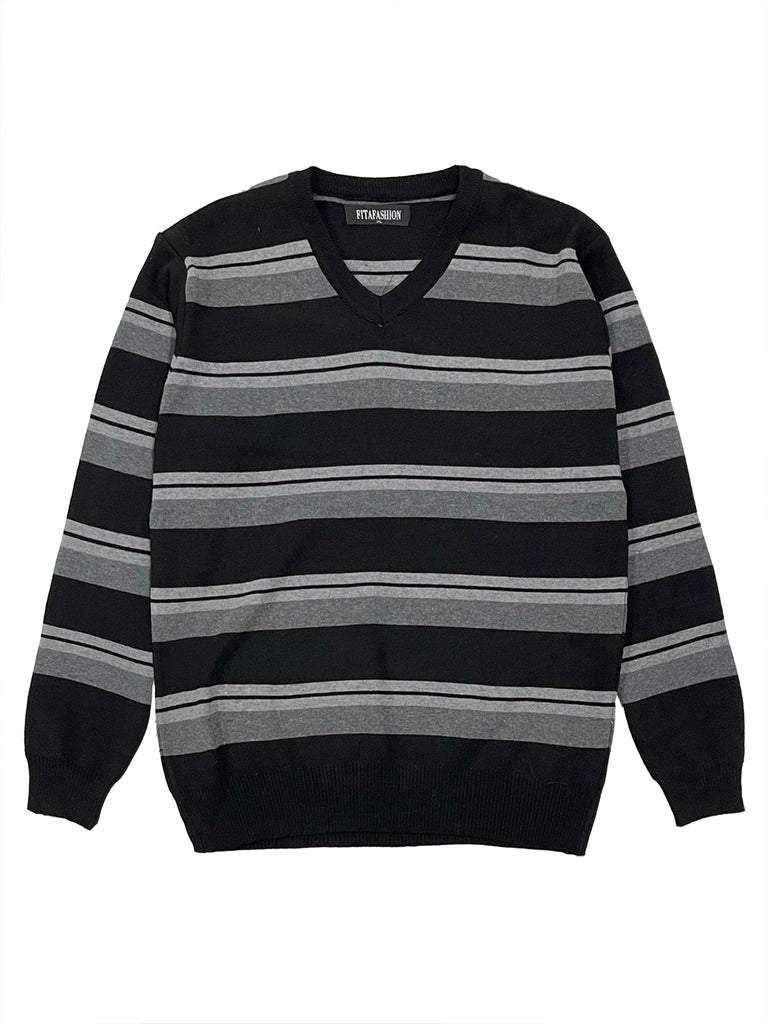 ustyle Ανδρική πλεκτή μπλούζα πουλόβερ τύπου V με ρίγα Μαύρο US-17158