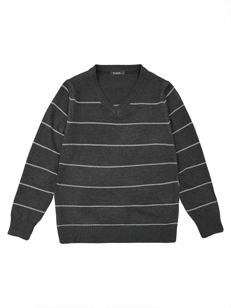 ustyle Ανδρική μάλλινη μπλούζα πουλόβερ μακρυμάνικη τύπου V με ρίγα Γκρι OBY-3098