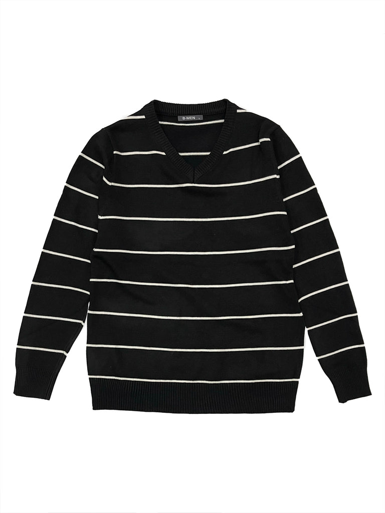 ustyle Ανδρική μάλλινη μπλούζα πουλόβερ μακρυμάνικη τύπου V με ρίγα μαύρο OBY-3098