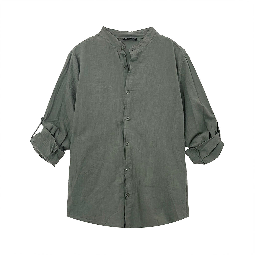 ustyle Ανδρικό πουκάμισο λινό μακρυμάνικο με γιακά Μαο Χακί 16575