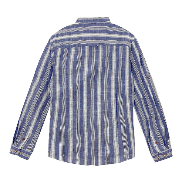 ustyle Ανδρικό πουκάμισο λινό μακρυμάνικο ριγέ με γιακά Μαο μπλε CA-31258