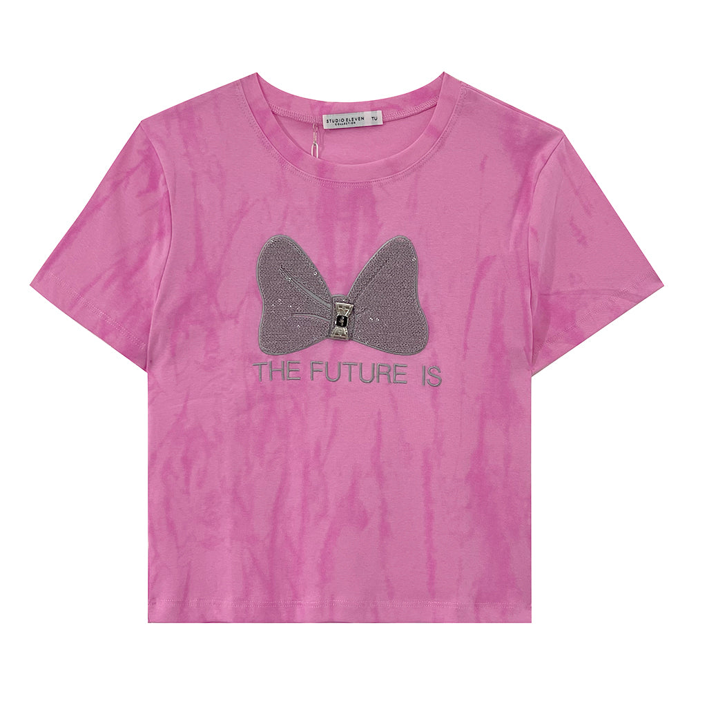 ustyle Γυναικεία Κοντά μπλούζακια κοντομάνικα ελαστικά με φιόγκο 255088 Ροζ One Size
