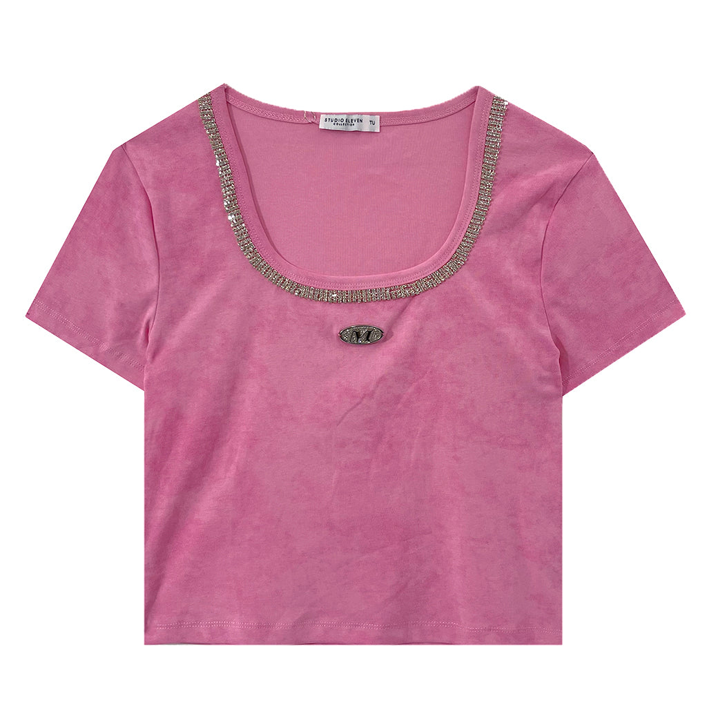 ustyle Γυναικεία Κοντά μπλούζακια κοντομάνικα ελαστικά με στρας 255098 Ροζ One Size