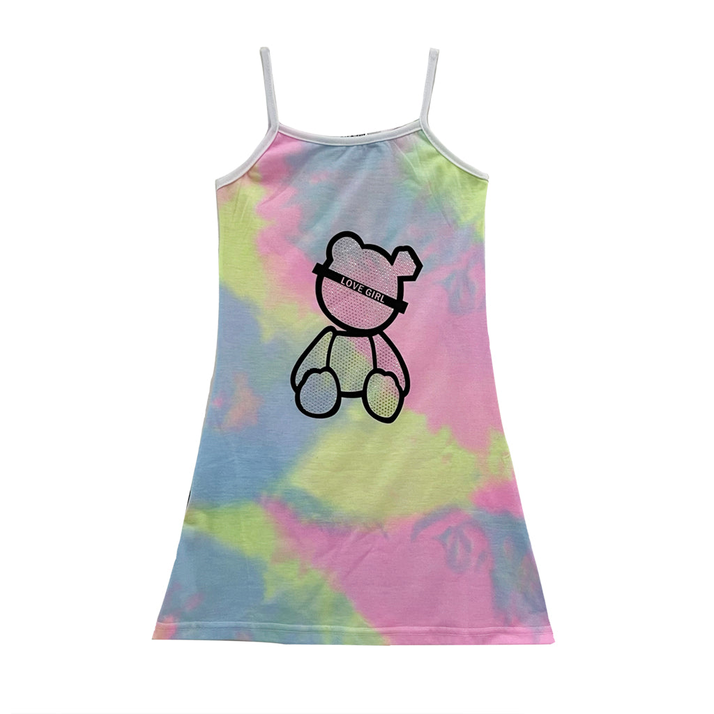 ustyle Κοριτσίστικο φόρεμα καλοκαιρινό με τιραντάκια αρκούδα με στρας πολύχρωμο KF-82438 Ροζ
