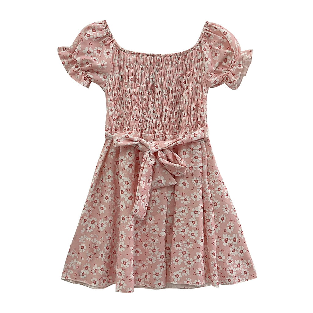 ustyle Κοριτσίστικο φόρεμα κοντομάνικο εμπριμέ με ζώνη NT-86298 Ροζ