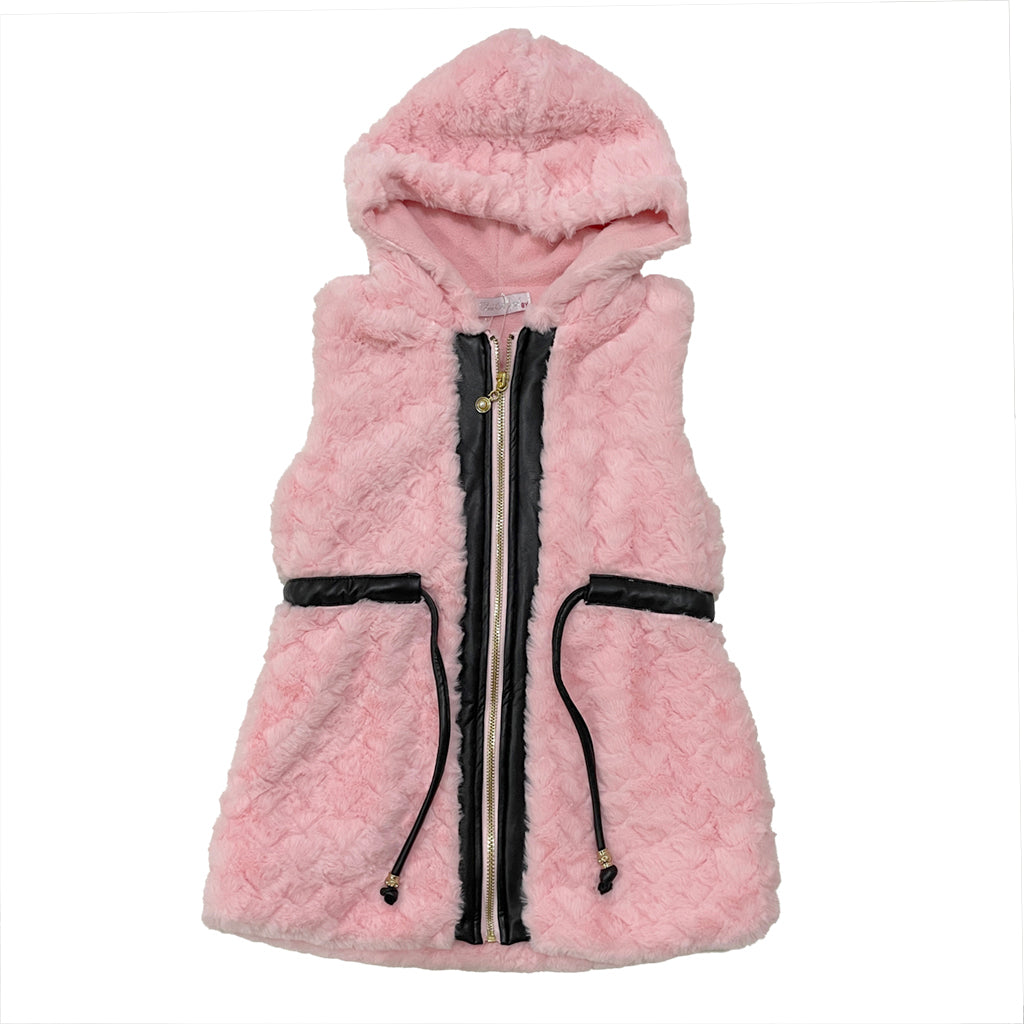 Κοριτσίστικη γούνα αμάνικη με κουκούλα και ζώνη ροζ US-9671