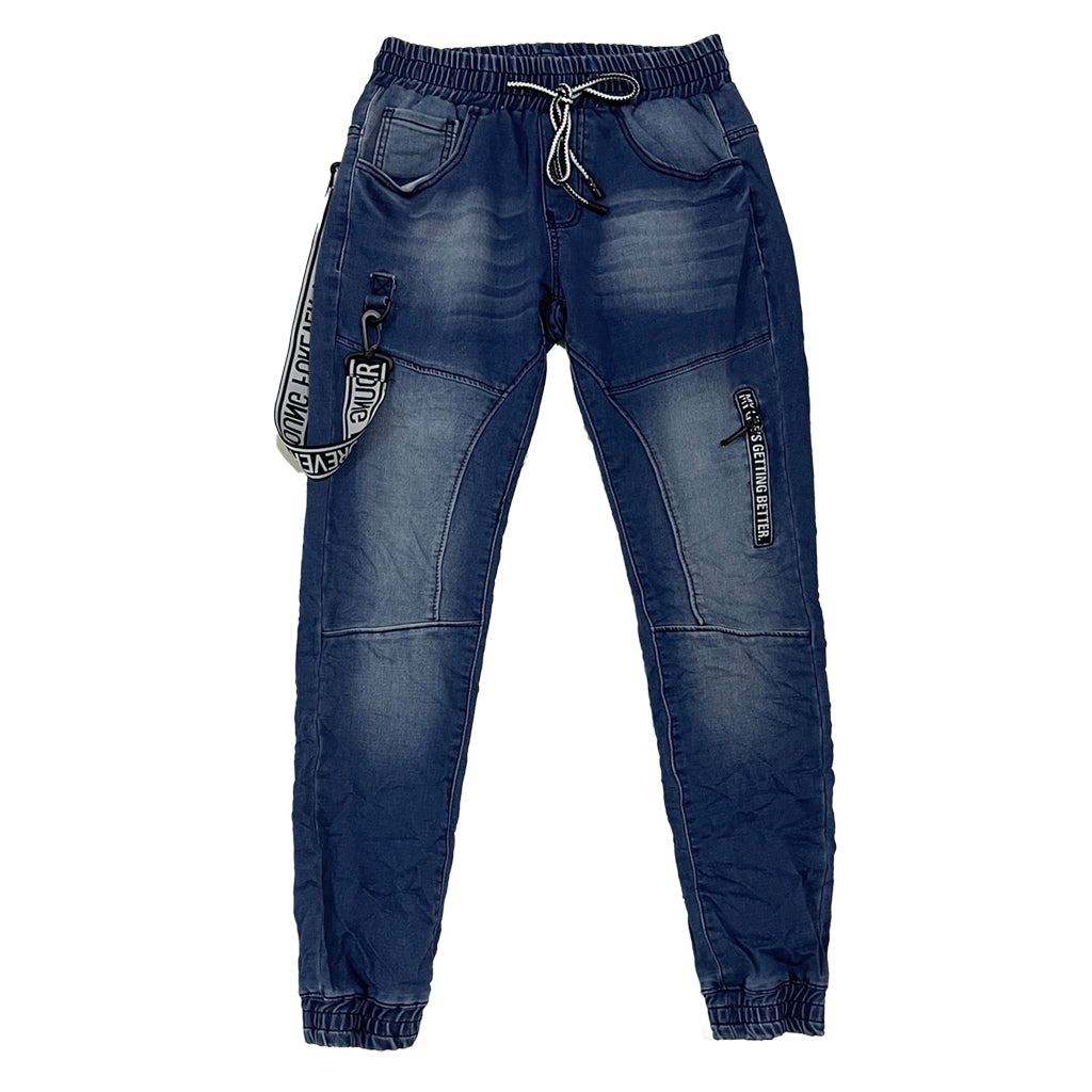 Ανδρικό παντελόνι τζιν ελαστικό με λάστιχο και κορδόνι στη μέση US-7735-3 Μπλε