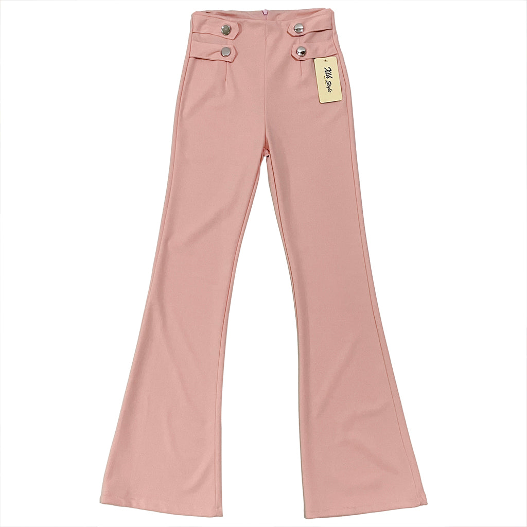 Γυναικείο παντελόνι υφασμάτινο καμπάνα με διακοσμητικά κουμπιά ροζ US-78904