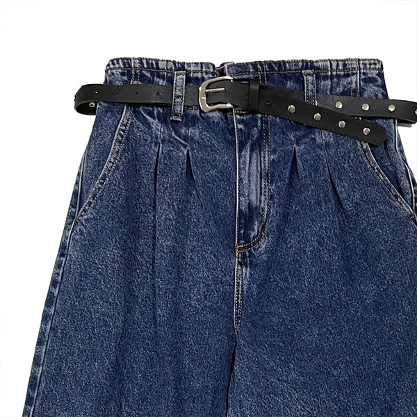 Γυναικείο τζιν παντελόνι baggy fit με λάστιχο και ζώνη στη μέση Μπλε US-H-551