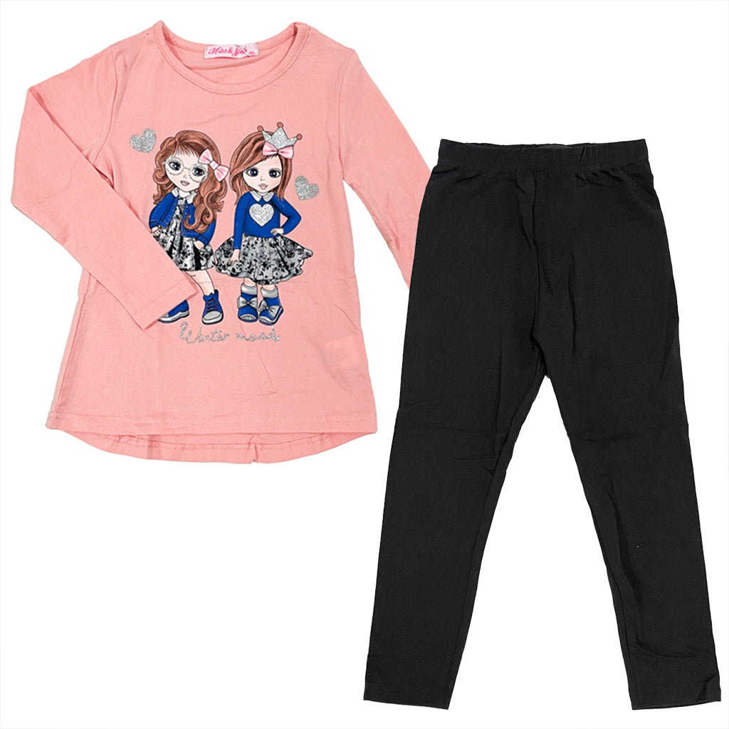 ustyle Κοριτσίστικο σετ μπλούζα ροζ και κολάν μαύρο K-7080