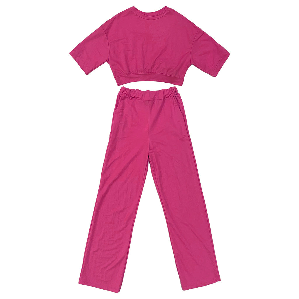 Γυναικείο σετ φόρμας μπλούζα κοντή με Παντελόνι ίσια γραμμή φούξια US-77349