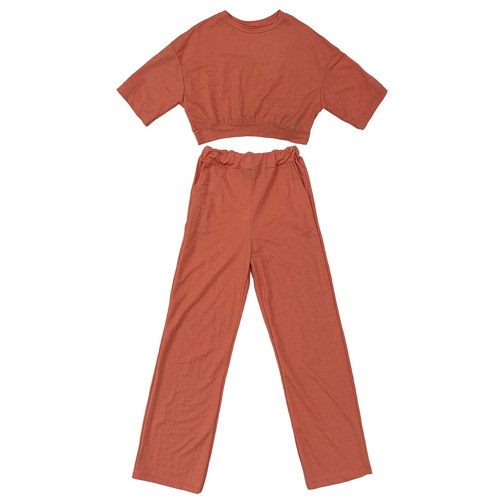 Γυναικείο σετ φόρμας μπλούζα κοντή με Παντελόνι ίσια γραμμή κοραλί US-77349