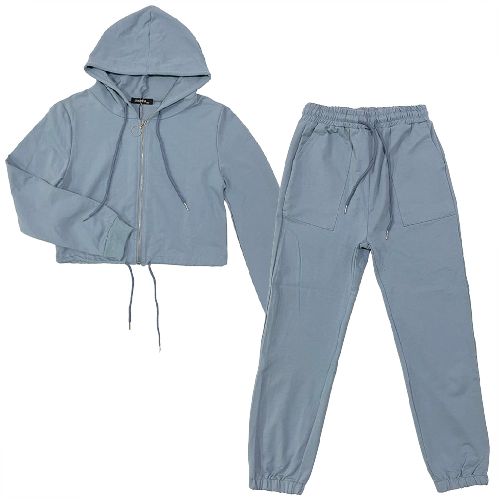 Ustyle Γυναικείο σετ φόρμας ζακέτα κοντή+παντελόνι μπλε US-93708