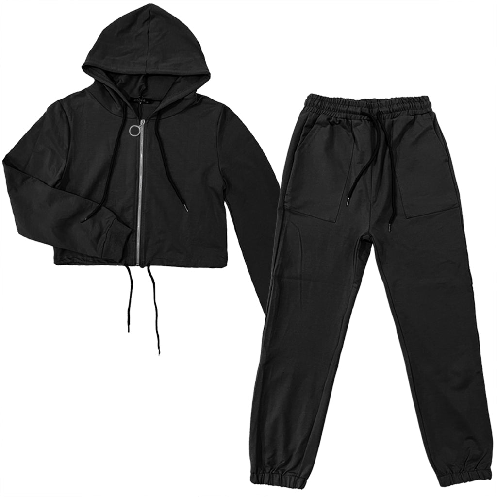 Ustyle Γυναικείο σετ φόρμας ζακέτα κοντή+παντελόνι Μαύρο US-93708