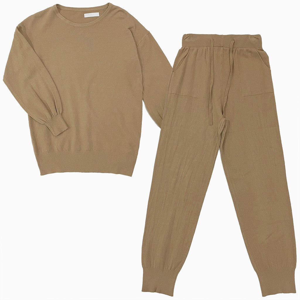 Γυναικεία σετ πλεκτά μπλούζα +Παντελόνι  jogger US-17129 ανοιχτό καφέ