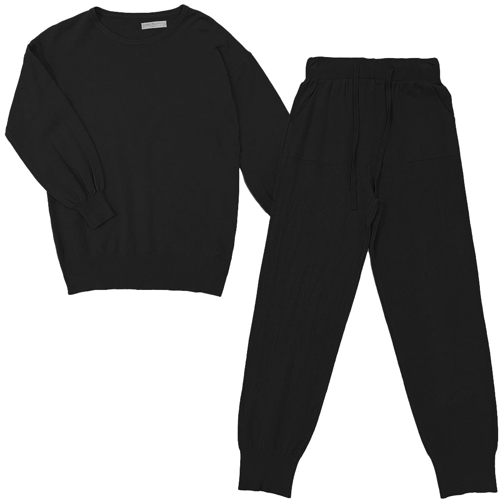 Γυναικεία σετ πλεκτά μπλούζα +Παντελόνι  jogger US-17129 Μαύρο