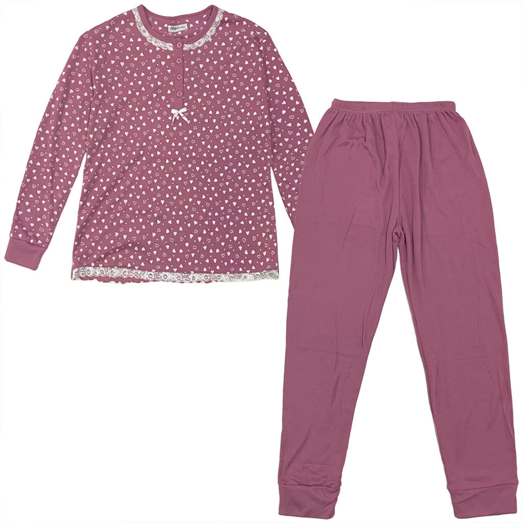 Γυναικεία σετ πιτζάμας χειμερινό με fleece με καρδούλες Ροζ US-2376-2381