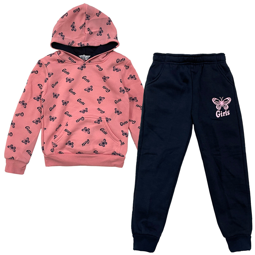 Κοριτσίστικο σετ φόρμας με fleece φούτερ ροζ με παντελόνι jogger μπλε US-50958