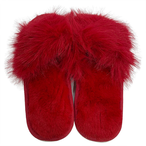 ustyle Γυναικείες γούνινες παντόφλες χειμερινές με ανοιχτό δάχτυλο Κόκκινο US-60498