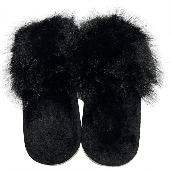 ustyle Γυναικείες γούνινες παντόφλες χειμερινές με ανοιχτό δάχτυλο Μαύρο US-6049