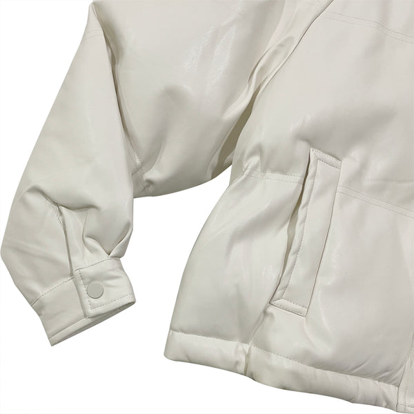 Γυναικείο Δερμάτινο puffer μπουφάν κοντό με αποσπώμενη κουκούλα Λευκό US-7698