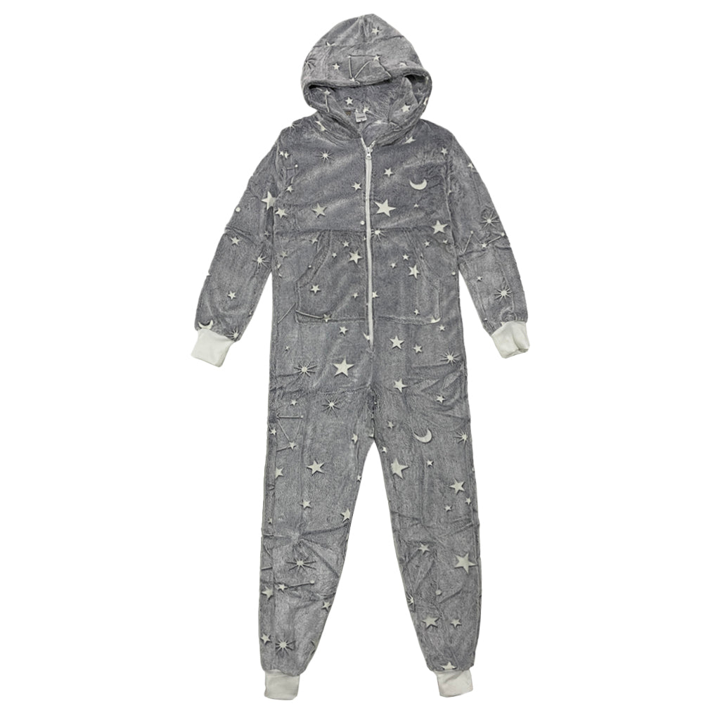 Ustyle Παιδική ολόσωμη πιτζάμα χειμερινή fleece με αστεράκια και φεγγάρια μπου φέγγουν Γκρι US-00958